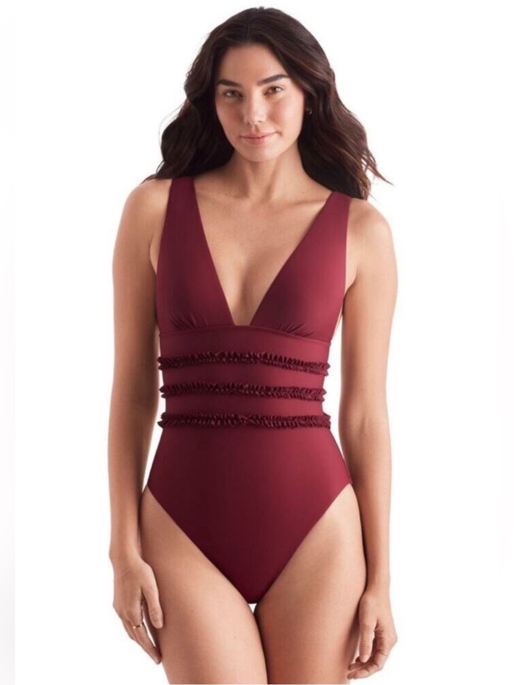 Mimi Flamingo Deep V Ruffle One-Piece Swimsuit - Burgundy